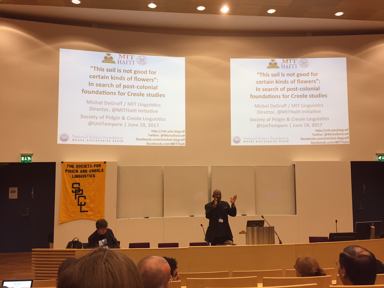 Michel DeGraff giving a plenary talk at SPCL 2017
